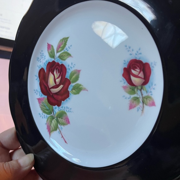 Queen Anne Black Rose Pattern Bone China England Black Rim Rose Pattern Dishes - Picture 6 of 6